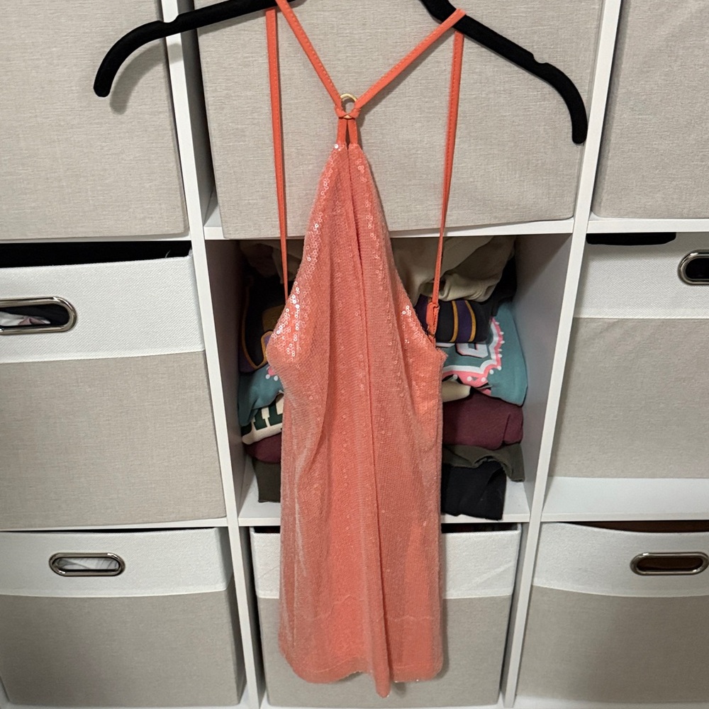 Sparkling Coral Sequin Halter Dress